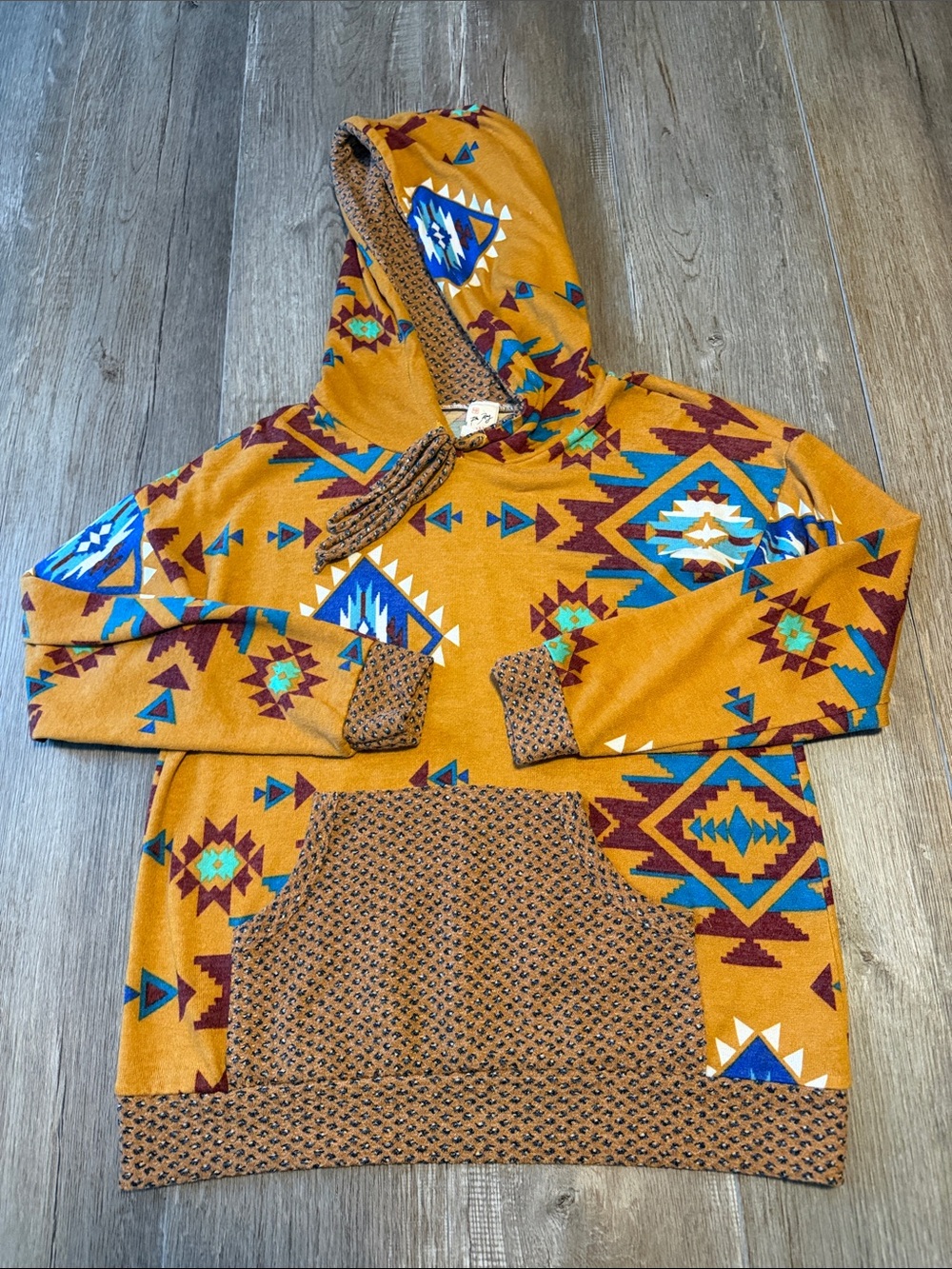 7th Ray mustard yellow Southwestern Aztec-print thermal knit hoodie